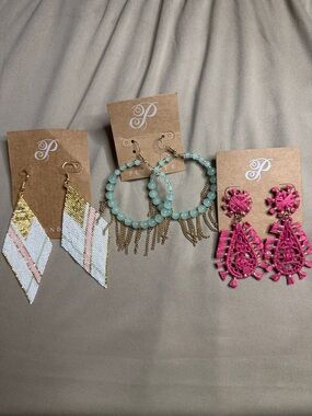 Plunder Posh Papered Trio: Beaded White & Pink, Aqua Hoop,Hot Pink Drop Earrings
